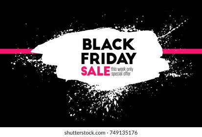 Black friday. Holiday sale. Border frame/ Big shopping. Ink painting. Hand drawn. Vector artwork. Black, white, pink. Watercolor paint. Poster, banner, print. Advertising design, branding, logo label