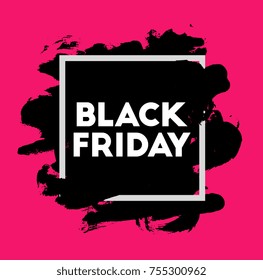 Black friday. Holiday sale. Border frame. Big shopping. Ink painting. Hand drawn. Vector artwork. Black, white, pink. Watercolor paint. Poster, banner, print. Advertising design, branding, logo label