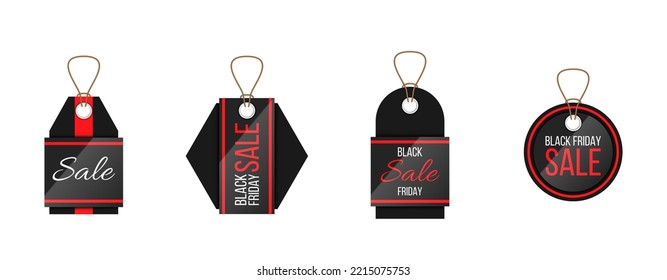 Black Friday holiday sales tags and labels set, template shopping badges realistic. Offer, discount and low price mockups isolated. Vector illustration