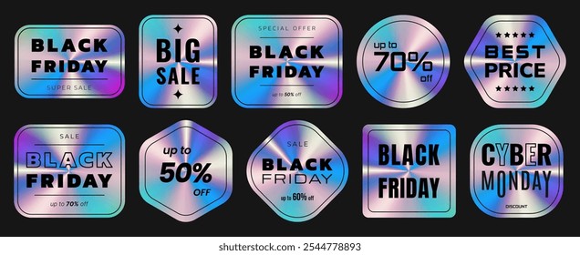 Conjunto de pegatinas holográficas de Black Friday. Etiquetas con efecto neón holográfico. Brillantes emblemas del arco iris Cyber Monday, Sale. Ilustración vectorial aislada