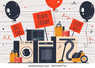 Black Friday home appliances sale discount design element concept. Vector flat graphic design element illustration
