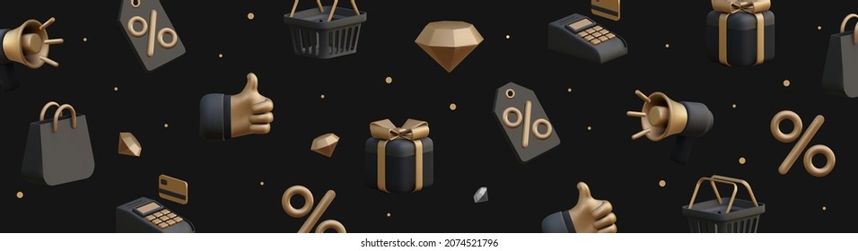 Black Friday horizontal background with 3d sale icons on black background. Vector illustration