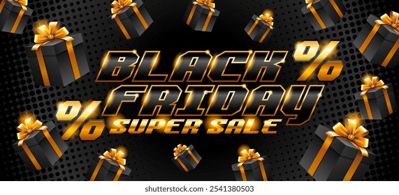 Black Friday horizontal banner with black boxes and gold ribbons