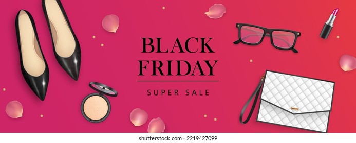 Black friday horizontal banner design template with realistic 3d elegant red shoes, handbag, lipstick, powder and rose petals. Woman accessories and cosmetics composition. Vector illustration