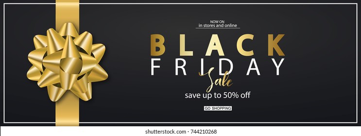 Black Friday Horizontal Banner with gold bow. Vector Illustration. Modern design.Universal vector background for poster, banners, flyers, card