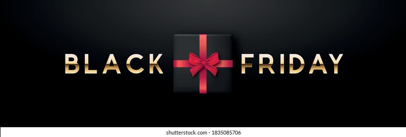 Black Friday Horizontal Banner. Luxury design with gift box and golden text on black background. Stock vector illustration.