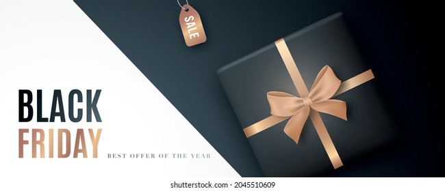 Black Friday horizontal banner. Pattern with gift box and tag Sale. Luxury vector design. Concept for seasonal discounts.