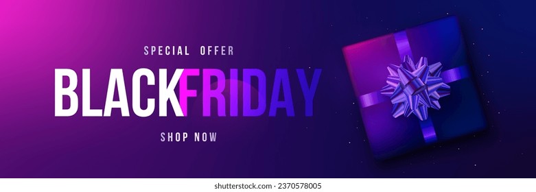 Black Friday horizontal banner. Realistic 3d design gift box reflecting neon lights. Advertising promo banner, web header, social media.
