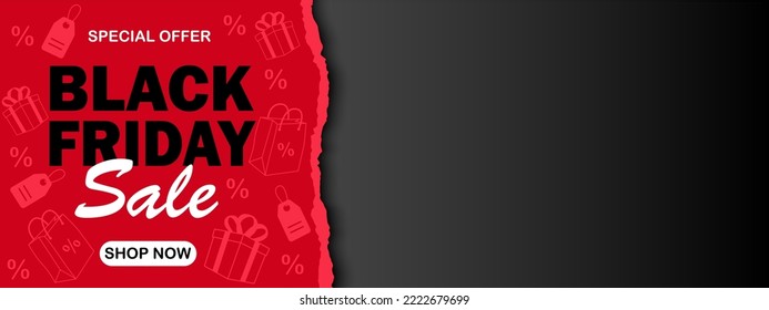 Black friday horizontal banner with red torn paper. Banner, poster