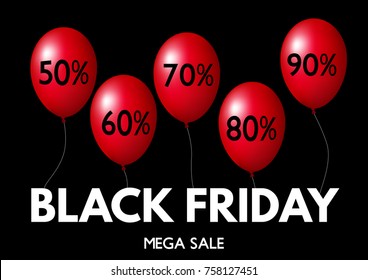 Black Friday horizontal banner with red balloons on the black background