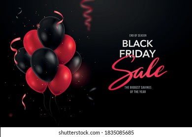 Black Friday horizontal banner. Sale background with 3d red and black realistic balloons and serpantine. Advertising vector banner. 