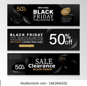 Black Friday horizontal banner set with modern fluid black background.