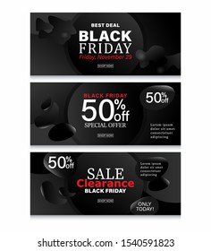 Black friday horizontal banner set with dark fluid background.