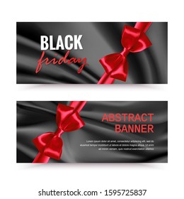 Black friday horizontal banner set with red bow. Black friday sale banners with wavy folds of grunge silk texture background, discount flyers. Vector eps 10 format