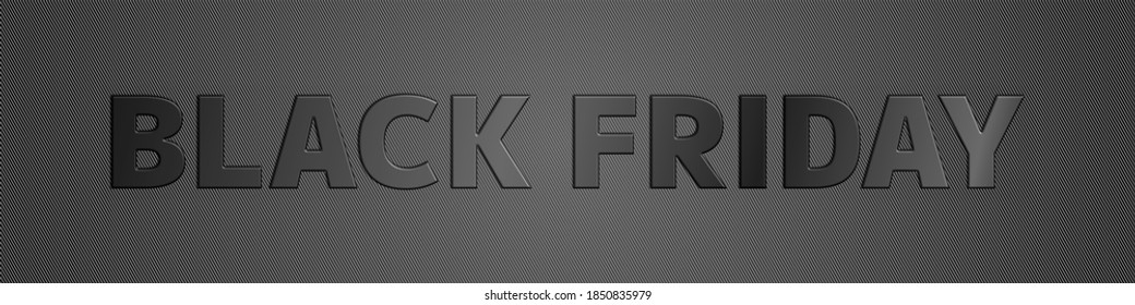 Viernes Negro, encabezado horizontal de banner/ sitio web. Gráfico vectorial sobre fondo gris oscuro con letras 3D brillantes negras.