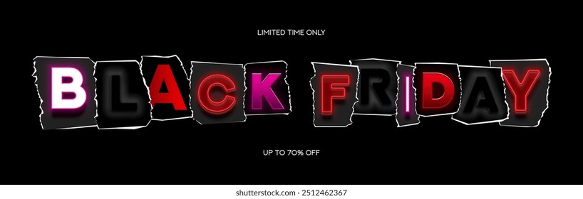 Colagem horizontal Black Friday. Ilustração vetorial com letras de néon de recorte e oferta de desconto. Placa de colagem Black Friday para venda, publicidade e mídias sociais.
