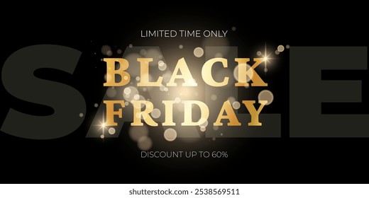 Black Friday horizontal Luxury Banner template with Gold bokeh on black background. Vector illustration