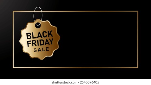 black friday horizontal luxury banner design black friday golden banner design with hanging sales tag or discount tag. black Friday November dark elegant background with space for text or copy