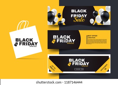 Black friday horizontal promotion web banner set. Sale banners design template. Yellow and black geometric background. Black and white balloons. Minimalistic discount flyers.Vector illustration