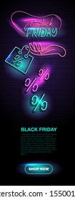 Black Friday horizontal retro neon sign, banner, poster, leaflet, card, web illustration