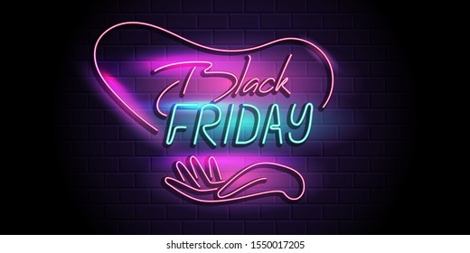 Black Friday horizontal retro neon sign, banner, poster, leaflet, card, web illustration