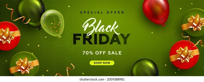 Black friday horizontal sale banner with realistic glossy balloons, gift box and discount text on green background. Vector illustration