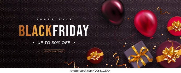 Black friday horizontal sale banner with realistic glossy balloons, gift box and discount text on black background. Vector illustration
