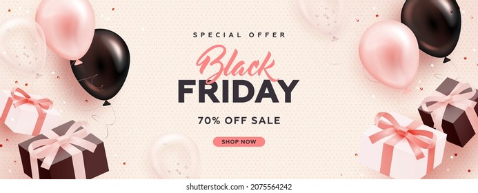 Black friday horizontal sale banner with realistic glossy balloons, gift box and discount text on pink background. Vector illustration