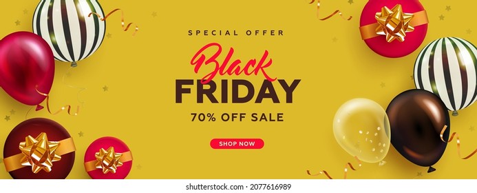 Black friday horizontal sale banner with realistic glossy balloons, gift box and discount text. Vector illustration
