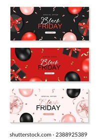 Black friday horizontal sale banner set with realistic glossy balloons, gift box and ribbon text on background. Vector illustration.