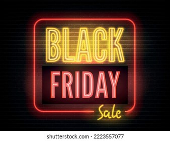Black Friday hot discounts realistic vector banner template. Seasonal clearance, luxury store special price offer poster design. Stylish sale advert neon light and inscription on dark background.