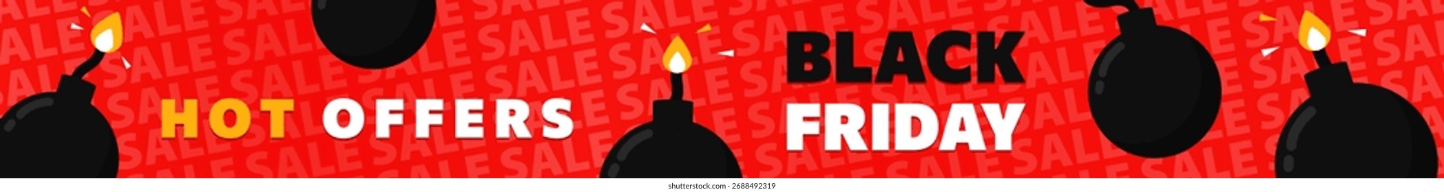 Black Friday quente oferece cabeçalho com bombas de desenhos animados e fogo sobre fundo vermelho preenchido com texto de venda. Banner panorâmico - bombas de desenhos animados com fusíveis acesos, oferta de desconto. Design vetorial promocional arrojado