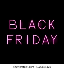 Black Friday hot pink realistic neon sign on black background. Shopping concept vector illustration. Seasonal sale banner. Easy to edit template for promotion of your shop.