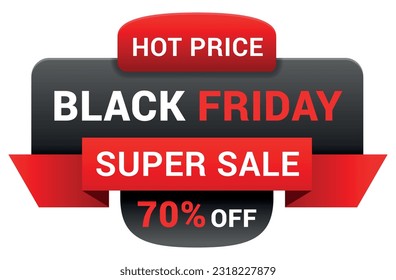 Black friday hot price sale discount red and black badge with ribbon realistic vector illustration. Shopping event announce commercial marketing clearance advertising special offer promo presentation