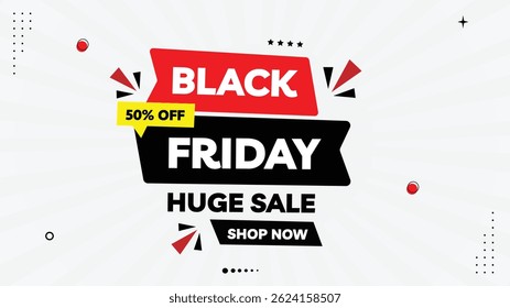 Black Friday Huge Sale Banner - Up to 50% Off! Shop Now with Element Shapes Template on Black, Red, Yellow, and White Gradient Background