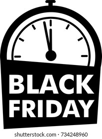 Black friday icon with alarm clock flat, black logo