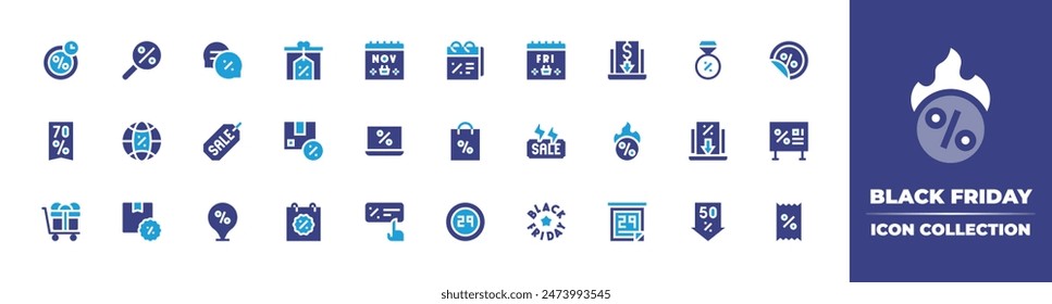 Black Friday icon collection. Duotone color. Vector illustration. Containing shoppingbag, blackfriday, sale, gift, discount, calendar, deliverybox, laptop, advertisement, placeholder, package.