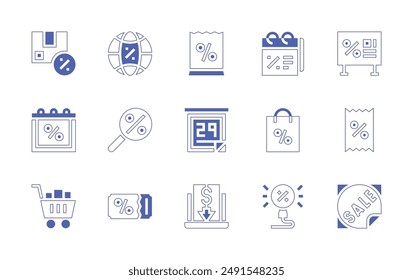 Black Friday icon collection. Duotone style line stroke and bold. Vector illustration. Containing shoppingbag, shoppingcart, lowprice, promo, calendar, paperbag, coupon, search, package, discount.