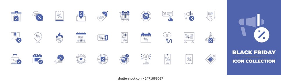 Black Friday icon collection. Duotone style line stroke and bold. Vector illustration. Containing blackfriday, pricetag, gift, discount, paperbag, coupon, placeholder, message, package, mail.