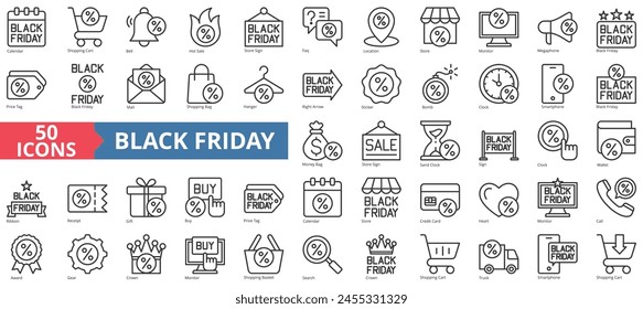 Conjunto de colección de iconos de Black Friday. Contiene calendario, Carrito de compras, campana, venta caliente, signo de la tienda, preguntas frecuentes, icono de ubicación. Vector de línea simple.