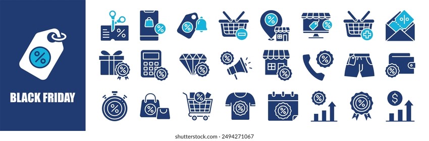 Black Friday icon collection set. Containing design, discount, sale, offer, illustration, promotion,and more. Solid vector icons collection.