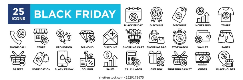 Black Friday icon collection set. Containing design banner, black, friday, illustration, offer, discount