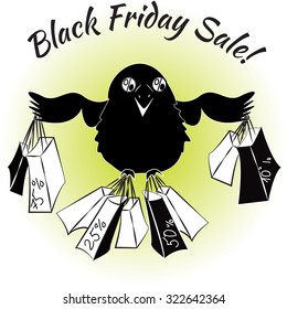 Black Friday icon with funny shopaholic crow.