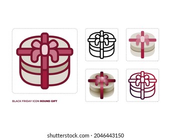 Black Friday Icon, Round Gift, in five different style, that is : color outline, line, flat, gradient flat, and gradient line.