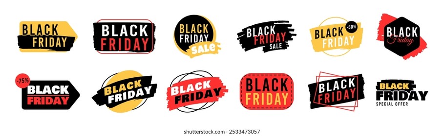 Icono del Black Friday. Oferta de venta, diseño de Anuncio promocional, etiqueta de la compra. Tarjeta de regalo, descuento de evento de tienda. Antecedentes de marketing. Colección de etiquetas de promoción. Ilustración de compra llamativa de la liquidación del Vector