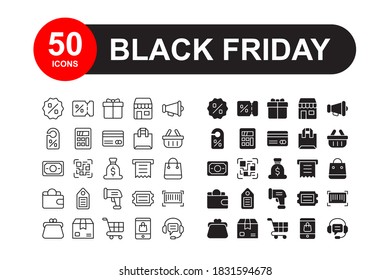 Black friday icon set. Contains such Icons as shopping bag, discount label, online store and more. Vector graphic illustration. Suitable for website design, app, template, ui.