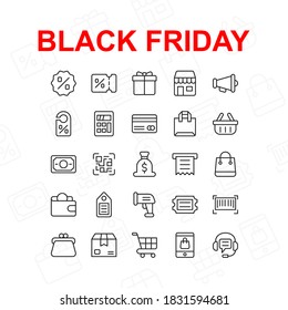 Black friday icon set. Contains such Icons as shopping bag, discount label, online store and more. Vector graphic illustration. Suitable for website design, app, template, ui.