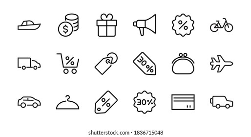 Black Friday Icon Set contains discount packages, promotions, shopping cart, big discounts, shopping cart and more. Editable stroke, vector icons.