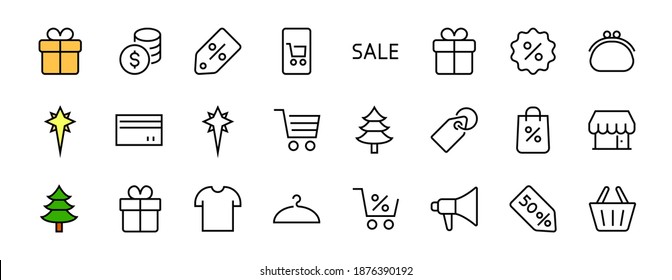 Black Friday Icon Set contiene iconos de Promociones, Descuentos de compras, Carro de compras. Trazo editable. Símbolos vectoriales, lineales.