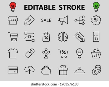 Black Friday Icon Set contains icons of Promotions, Discounts Shopping, Shopping Cart. Editable stroke. Vector Symbols, Linear.